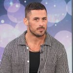 Danny Amendola’s black knit button down shirt on Access Hollywood