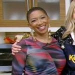 Deja Vu’s abstract print mesh dress on Live with Kelly and Mark