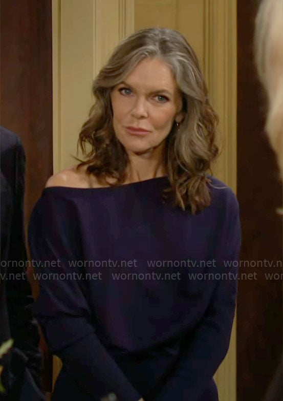 Diane’s navy off-shoulder sweater on The Young and the Restless