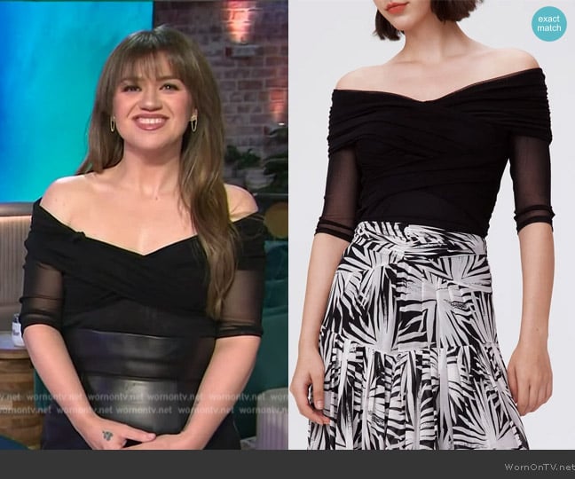 Diane von Furstenberg Alex Off the Shoulder Mesh Top worn by Kelly Clarkson on The Kelly Clarkson Show