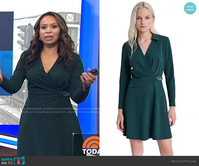 DKNY Collared Fit & Flare Scuba Crepe Dress in Pine worn by Adelle Caballero on Today