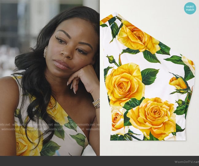 Dolce & Gabbana One-shoulder pleated floral-print stretch-cotton poplin top worn by Keiarna Stewart on The Real Housewives of Potomac