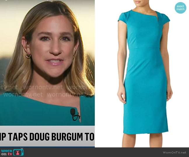 Donna Morgan Blue Asymmetric V-Neck Sheath worn by Caitlin Huey-Burns on CBS Mornings