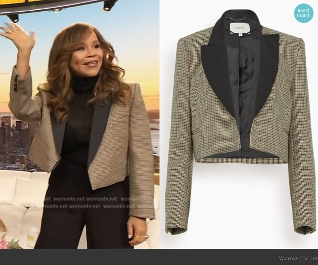 Dorothee Schumacher Graphic Elegance Jacket in Pepita Mix Khaki worn by Rozie Perez on The Drew Barrymore Show