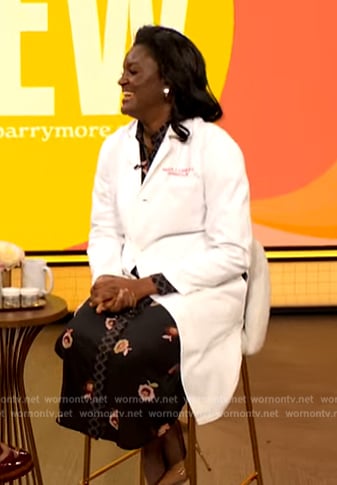 Dr. Angela Lamb's black floral print dress on The Drew Barrymore Show