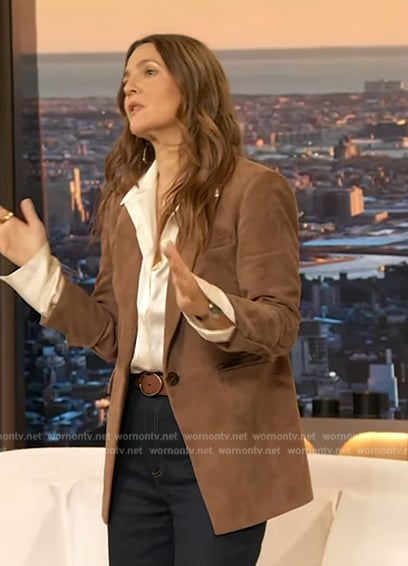 Drew brown suede blazer on The Drew Barrymore Show