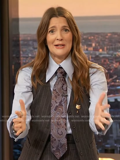 Drew's gray pinstripe vest and pants on The Drew Barrymore Show