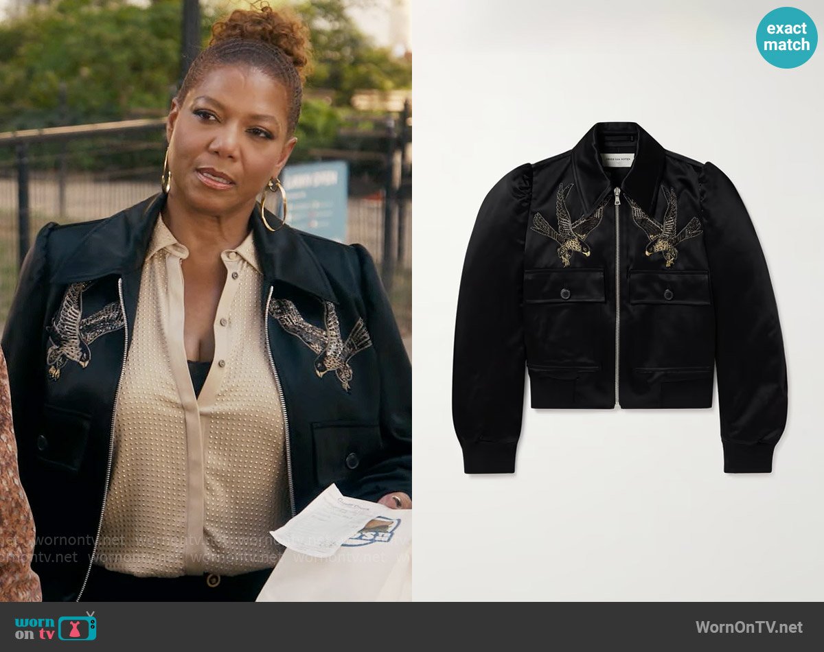 Dries van Noten Embellished Cotton-Blend Satin Blouson Jacket worn by Robyn McCall (Queen Latifah) on The Equalizer