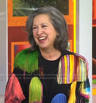 Elizabeth Kahane's multicolor fringed jacket on Today