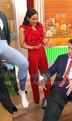 Elizabeth Werner’s red ruffled jumpsuit on CBS Mornings