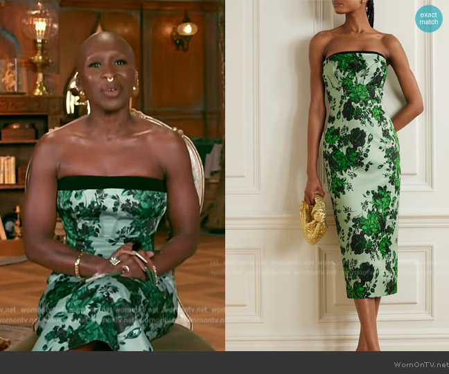 Emilia Wickstead Adalina strapless floral-print taffeta-faille midi dress worn by Cynthia Erivo on E! News