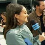 Emily Kurl’s blue leather mini dress on E! News