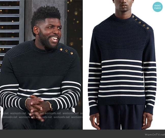 Emporio Armani Striped Crewneck Sweater worn by Emmanuel Acho on Access Hollywood