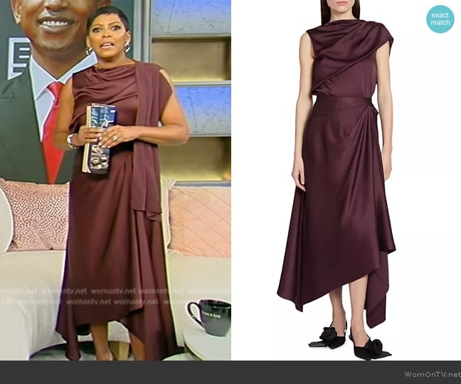 Erdem Satin Asymmetric Draped Blouse worn by Tamron Hall on Tamron Hall Show