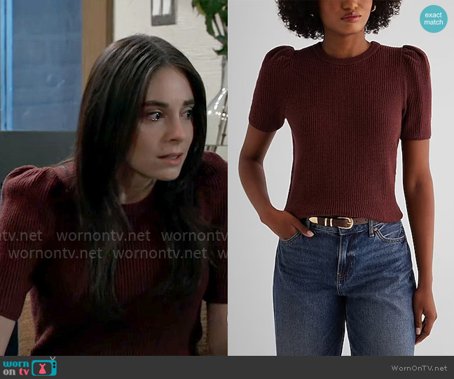 Express Ribbed Crew Neck Puff Sleeve Sweater worn by Molly Lansing-Davis (Kristen Vaganos) on General Hospital