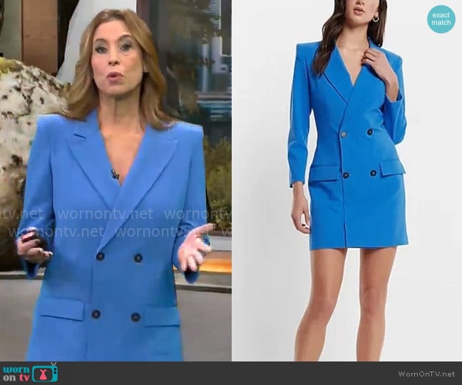 Express Double Breasted Padded Shoulder Mini Blazer Dress worn by Stephanie Abrams on CBS Mornings