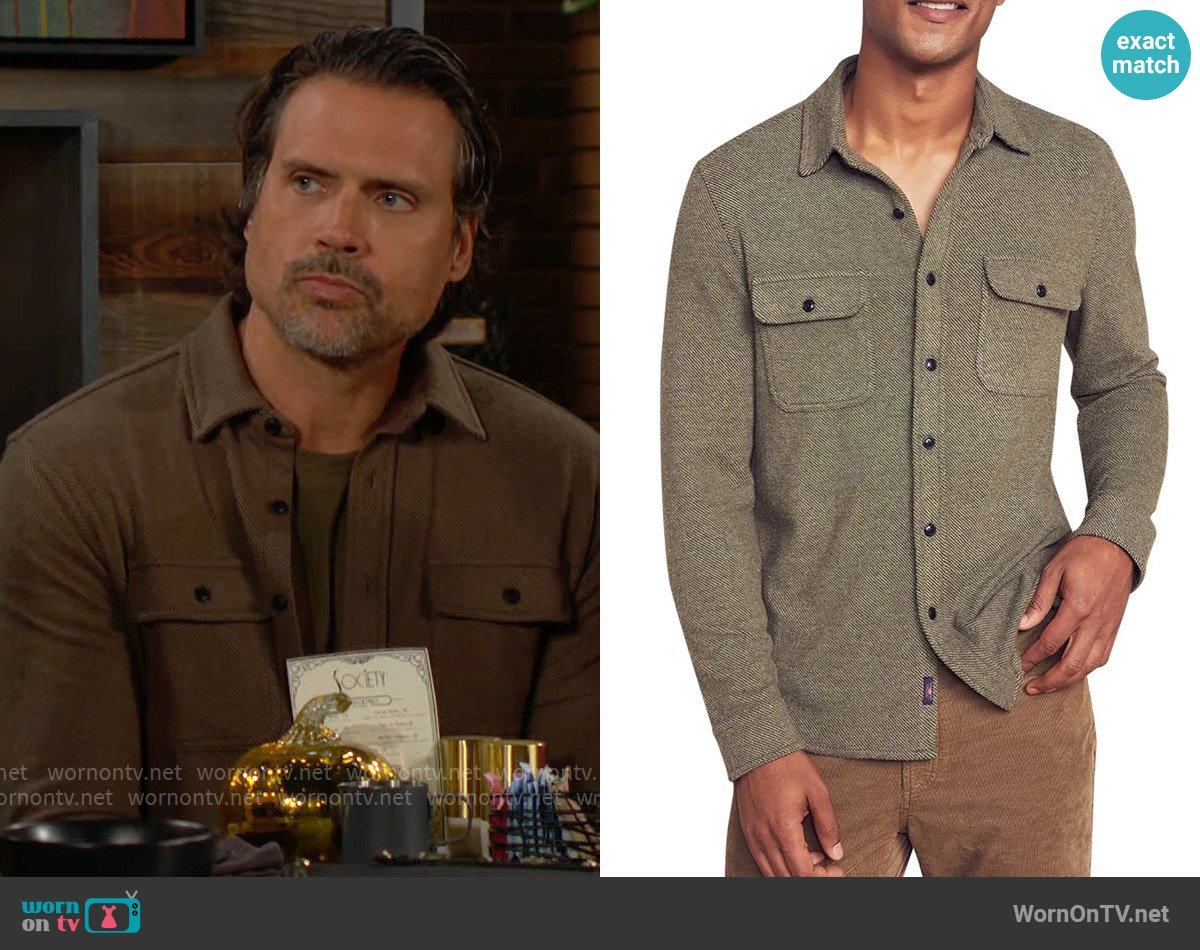 Faherty Legend Shirt in Olive Melange Twill worn by Nick Newman (Joshua Morrow) on The Young and the Restless