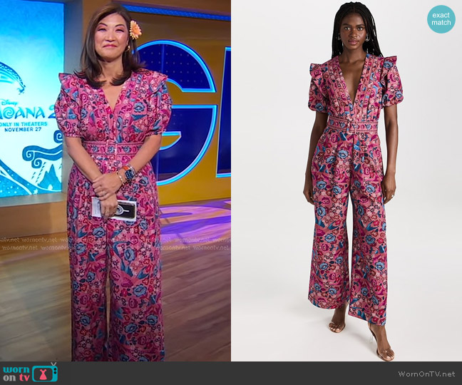 Farm Rio Floral Birds Blush Jumpsuit worn by Juju Chang on Good Morning America