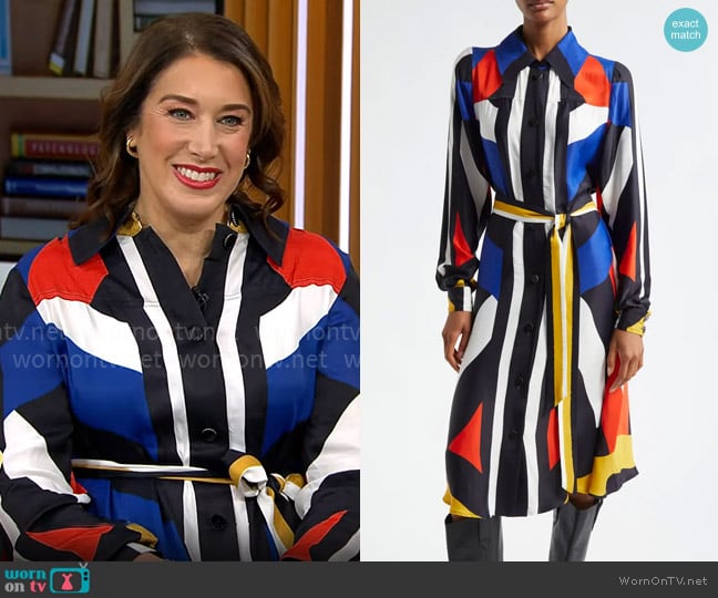 FARM Rio Amanda Abstract Print Long Sleeve Satin Shirtdress worn by Sarah Gelman on CBS Mornings