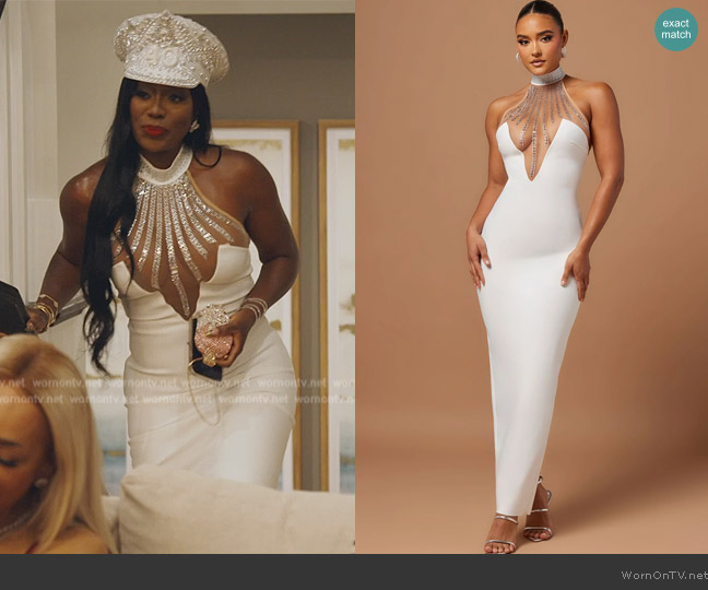 Fashion Nova Lina Embellished Bandage Maxi Dress worn by Wendy Osefo on The Real Housewives of Potomac