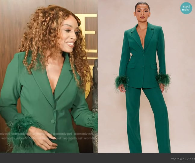 Fashion Nova Clarissa Feather Blazer Suit Set in Hunter worn by Francesca Amiker on E! News