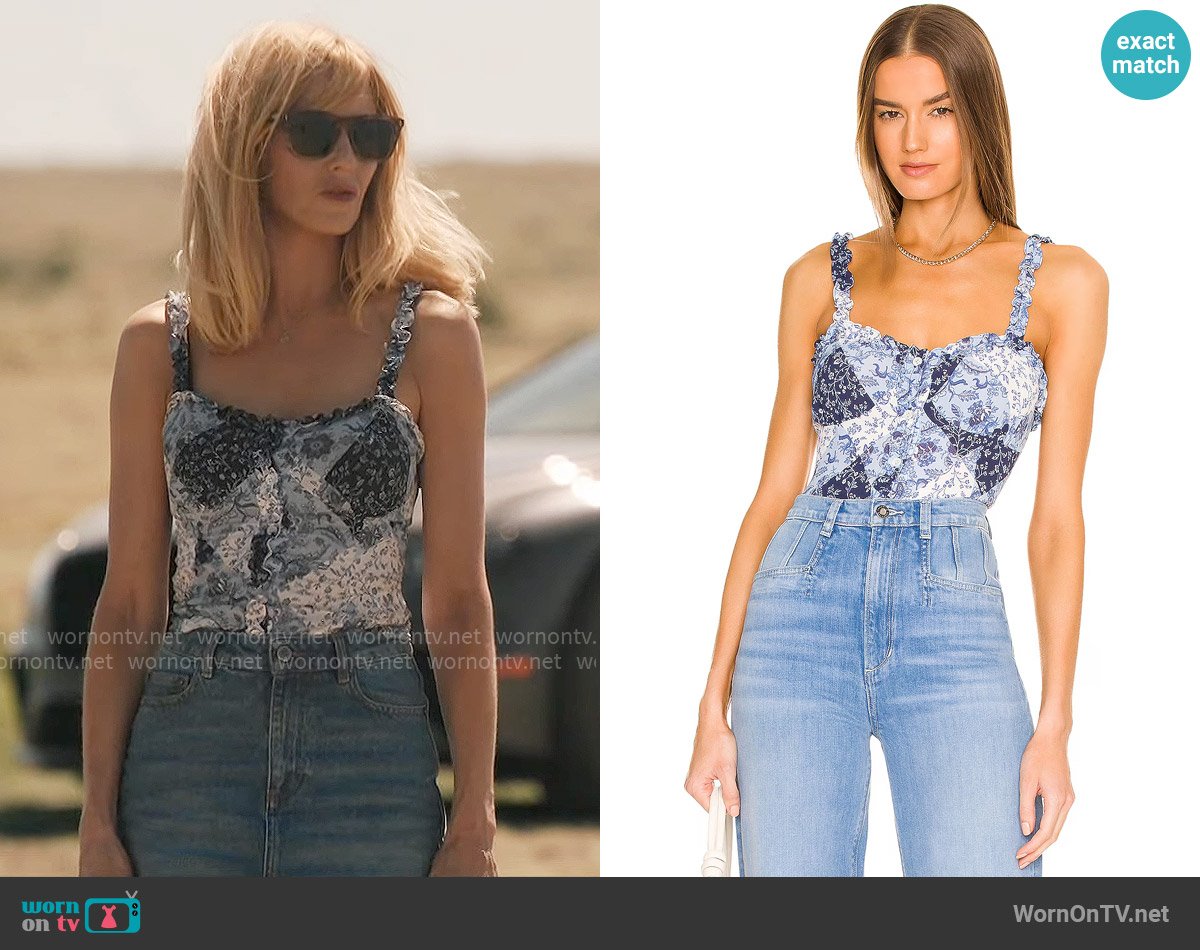 Favorite Daughter Ruffle Trim Top in Blue Multi Patchwork worn by Beth Dutton (Kelly Reilly) on Yellowstone