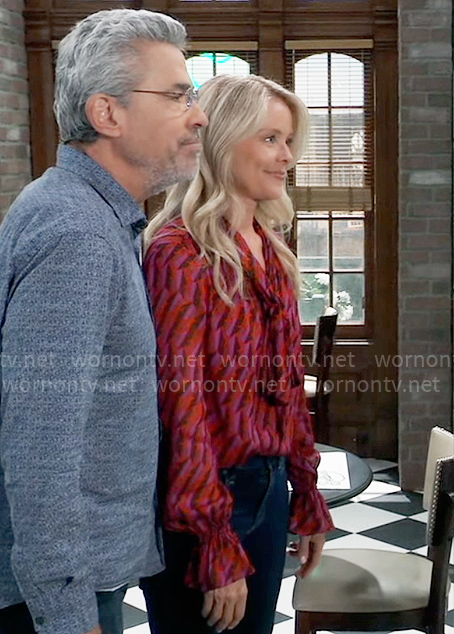 Felicia’s red geometric print blouse on General Hospital