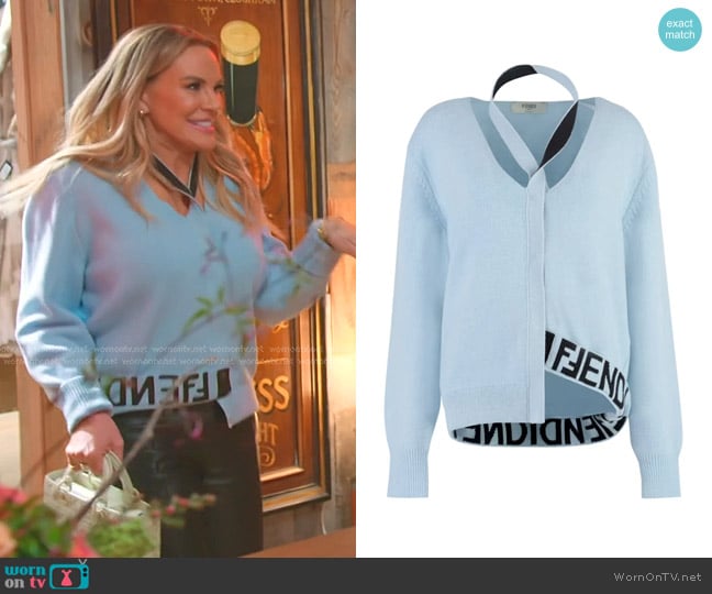 Fendi Blue Sweater with V-Neck and Cut Out Detail worn by Heather Gay on The Real Housewives of Salt Lake City