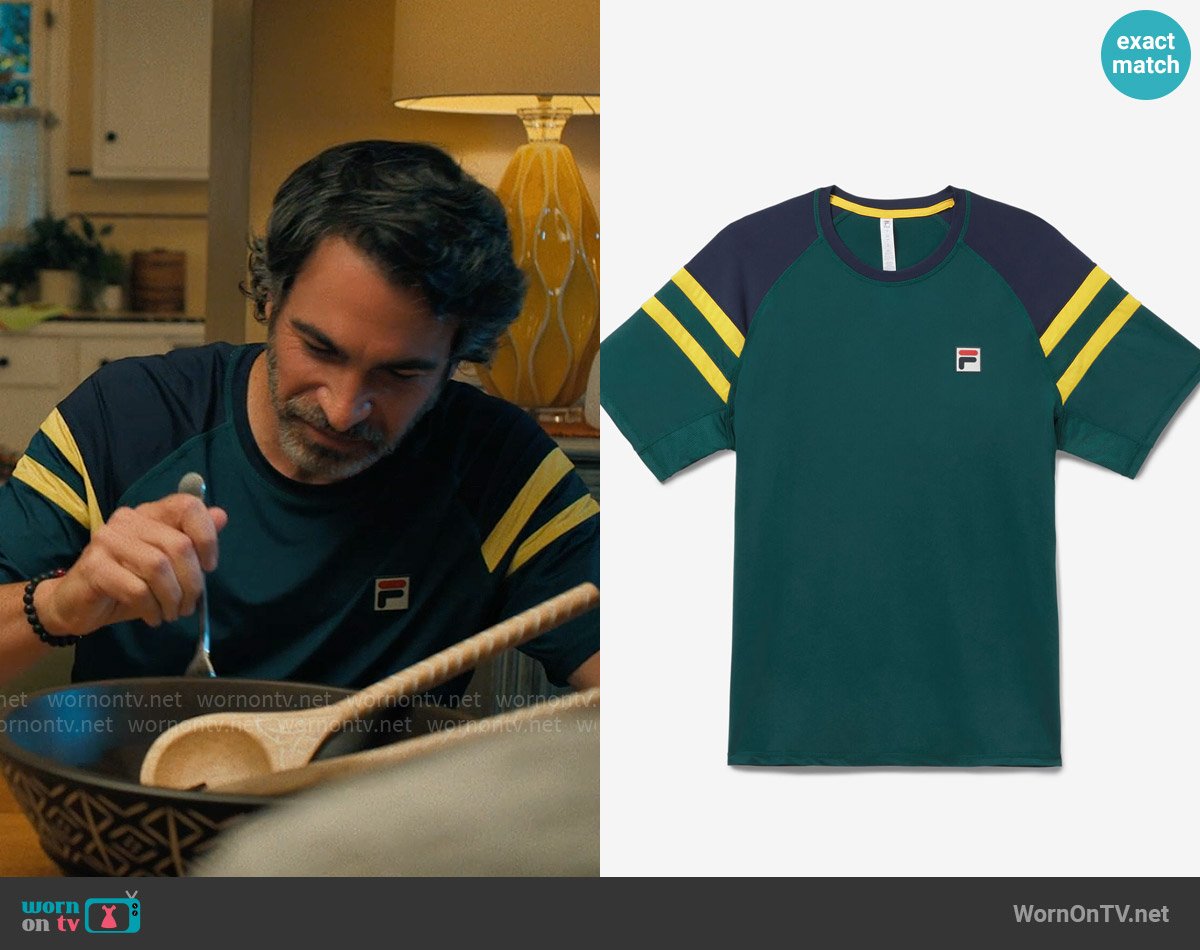 Fila Heritage Short Sleeve Crew in Deep Teal / Fila Navy / Buttercup worn by Nathan Bartlett (Chris Messina) on Based on a True Story