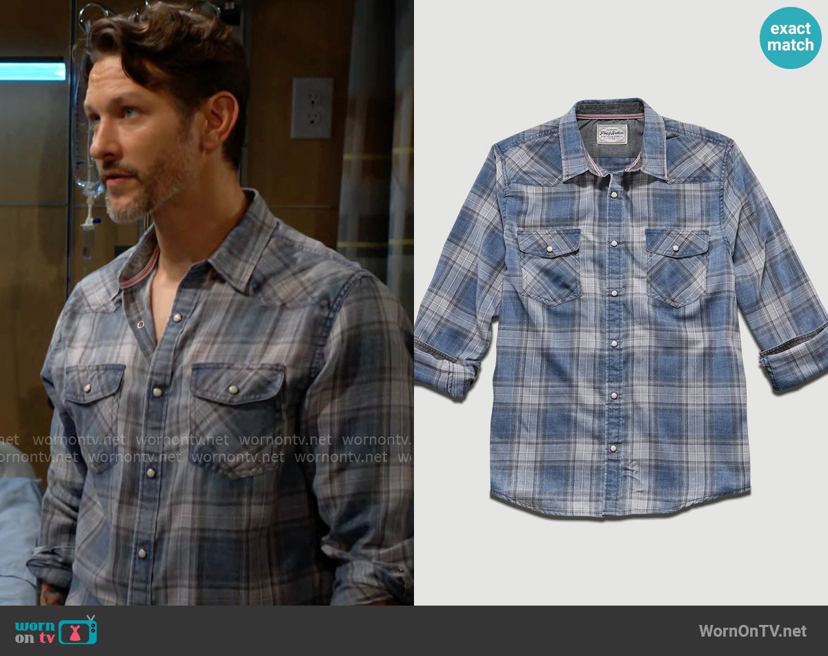 Flag & Anthem Harker Shirt in Navy / Slate worn by Daniel Romalotti (Michael Graziadei) on The Young and the Restless