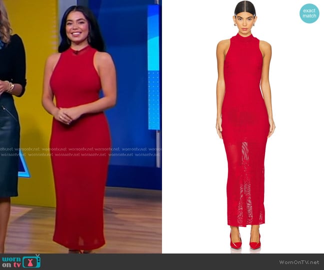 Fleur Du Mal Lace Pointelle Knit Racer Dress in Ruby Red worn by Auliʻi Cravalho on Good Morning America