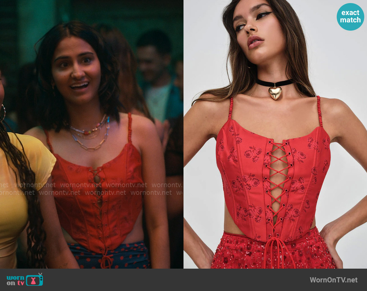 For Love and Lemons Lillian Corset worn by Bela Malhotra (Amrit Kaur) on The Sex Lives of College Girls