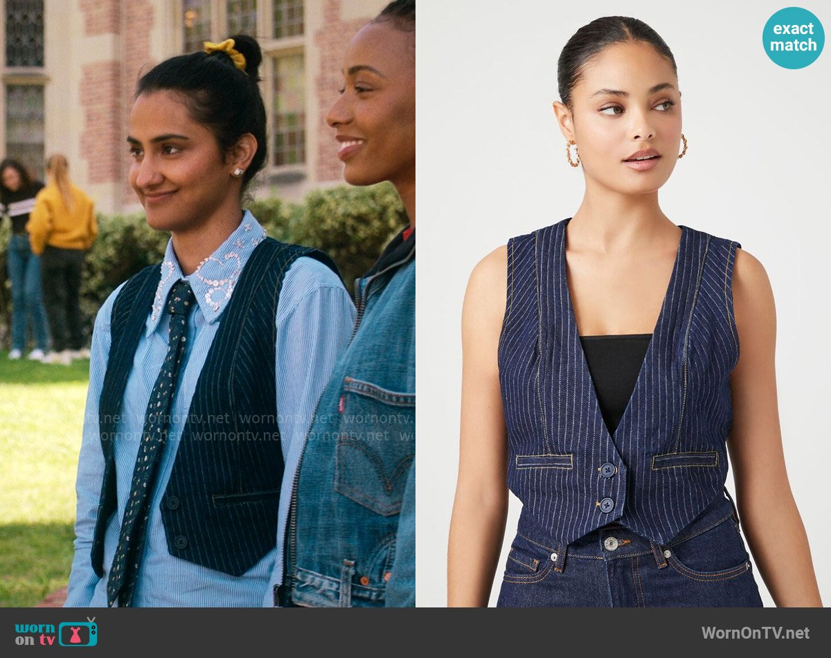 Forever 21 Cropped Pinstripe Denim Vest worn by Bela Malhotra (Amrit Kaur) on The Sex Lives of College Girls