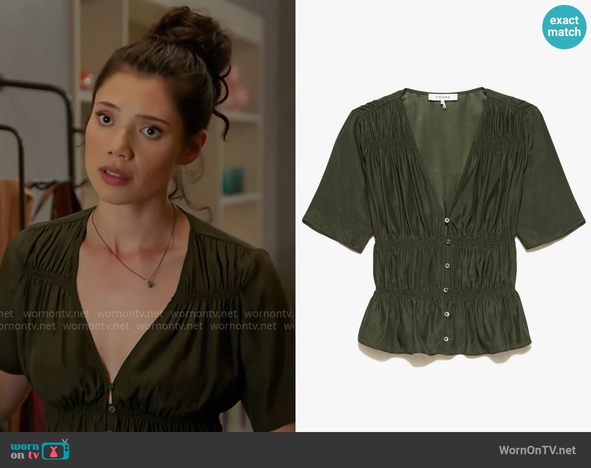 Frame Ruched V Neck Top in Fatigue Green worn by Violet Mikami (Hanako Greensmith) on Chicago Fire