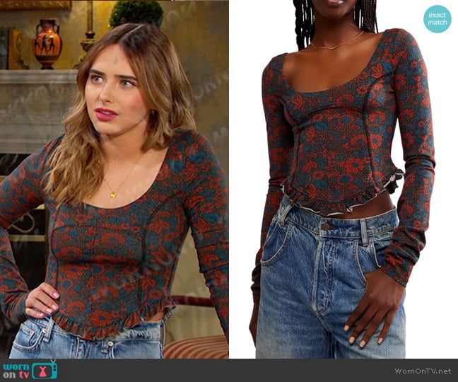 Free People Melanie Floral Crop Shirt in Night Combo worn by Holly Jonas (Ashley Puzemis) on Days of our Lives