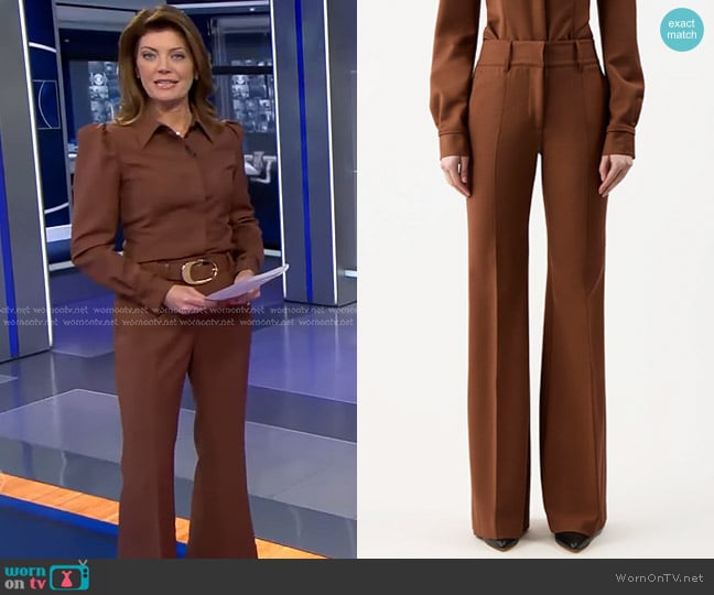 Gabriela Hearst Rhein Pant in Cognac Sportswear Wool worn by Norah O'Donnell on CBS Evening News