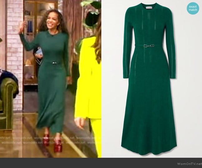 Gabriela Hearst Imagene belted ribbed pointelle-knit wool midi dress worn by Sunny Hostin on The View