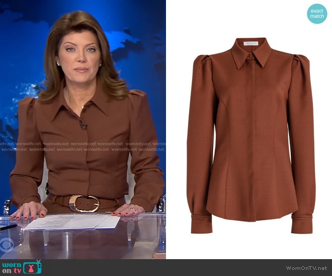 Norah’s brown shirt on CBS Evening News