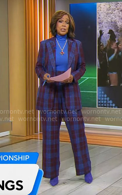 Gayle King's burgundy plaid suit on CBS Mornings