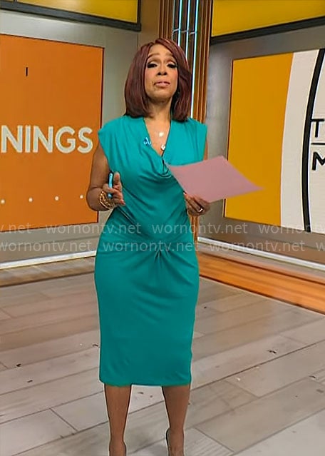 Gayle King's turquoise cowl neck dress on CBS Mornings