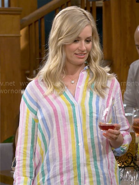 Gemma's pastel rainbow stripe shirt on The Neighborhood