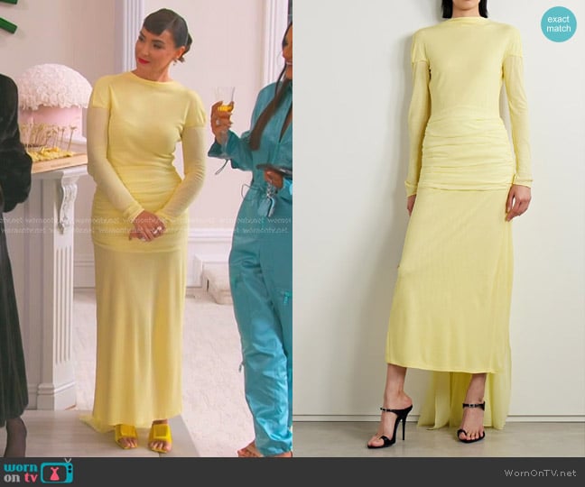 Givenchy Paneled Ruched Crepe Gown in Yellow worn by Bronwyn Newport on The Real Housewives of Salt Lake City