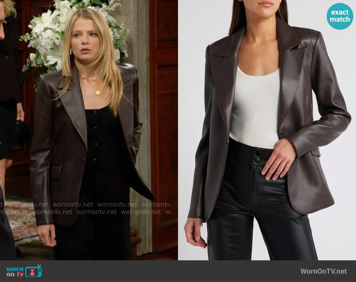 Good American Sculpted Faux Leather Blazer in Bark worn by Summer Newman (Allison Lanier) on The Young and the Restless