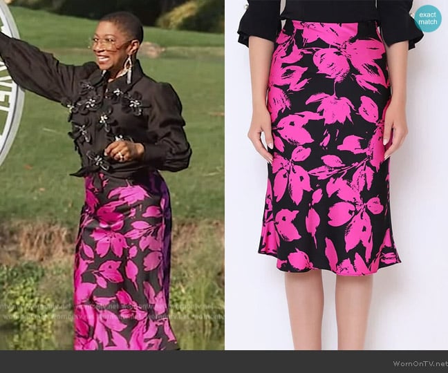 Gracia Fashion Floral Print Satin Fishtail Midi Skirt worn by Deja Vu on Live with Kelly and Mark