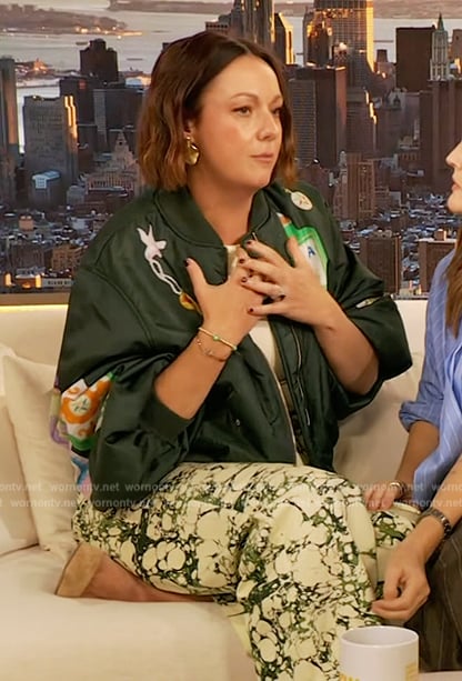 Celeste Barber’s green embroidered bomber jacket on The Drew Barrymore Show