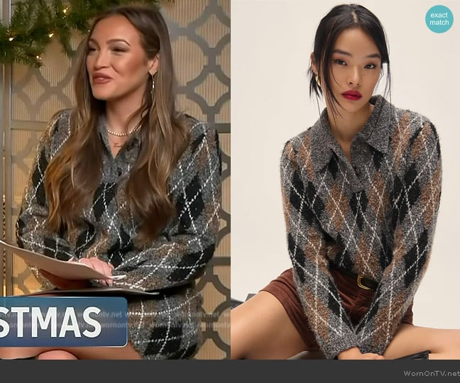 Grey Lab Collared Argyle Sweater worn by Emily Orozco on Access Hollywood