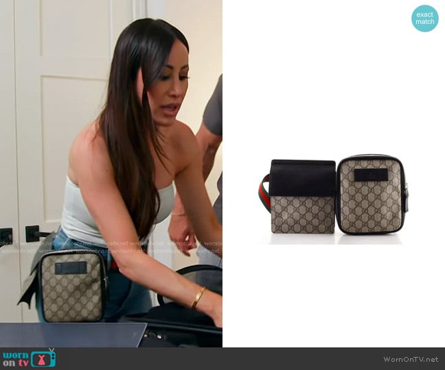 Gucci Double Web Belt Bag GG Coated Canvas with Leather worn by Angie Katsanevas on The Real Housewives of Salt Lake City