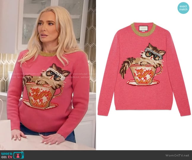 Gucci Wool Cat Tea Cup Pearl Sweater worn by Erika Jayne on The Real Housewives of Beverly Hills