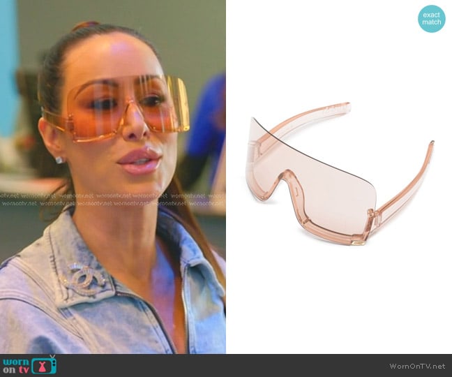 Gucci Logo-lettering Shield-frame Sunglasses in Light Pink worn by Angie Katsanevas on The Real Housewives of Salt Lake City