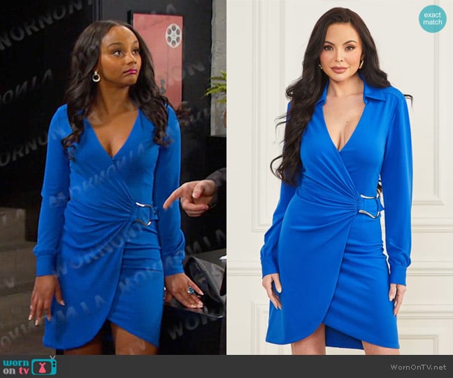 Guess Austin Wrap Dress in Blue worn by Chanel Dupree (Raven Bowens) on Days of our Lives